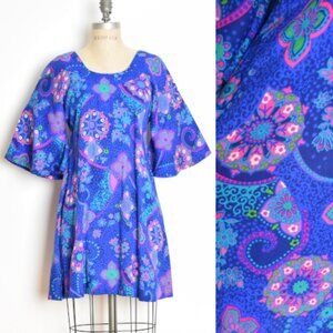vintage 60s dress Two Potato blue Hawaiian print bell sleeve babydoll mini S